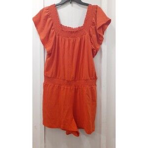 J Crew Orange Romper SZ Med Cotton Knit Smocked Waist Ruffle SS Retro 60s Beach